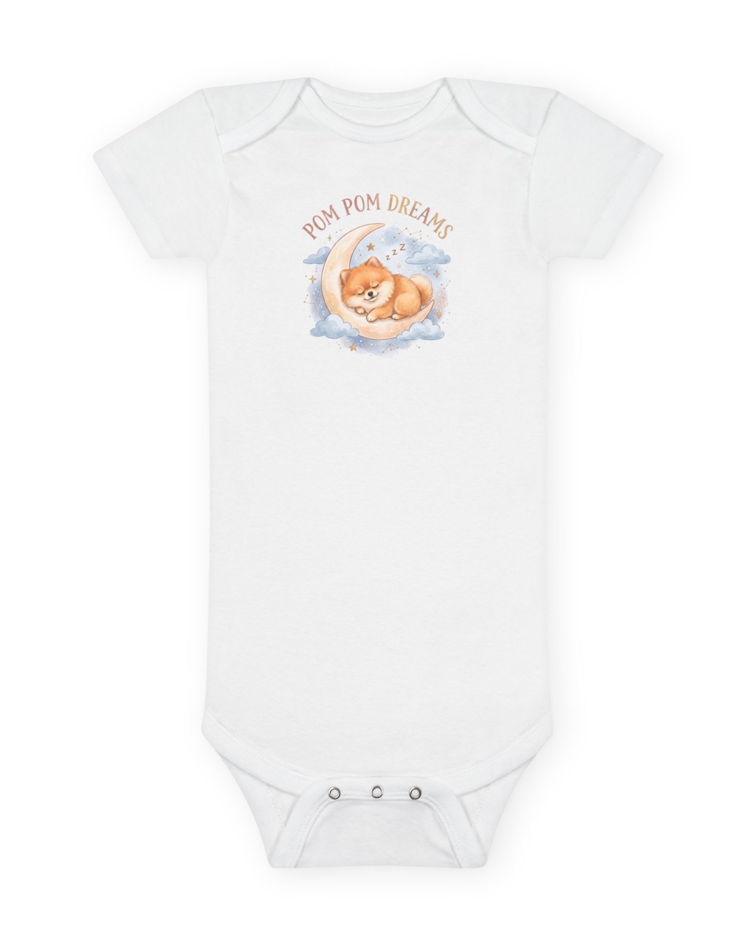 Pom Pom Dreams baby onesie flat lay on white background