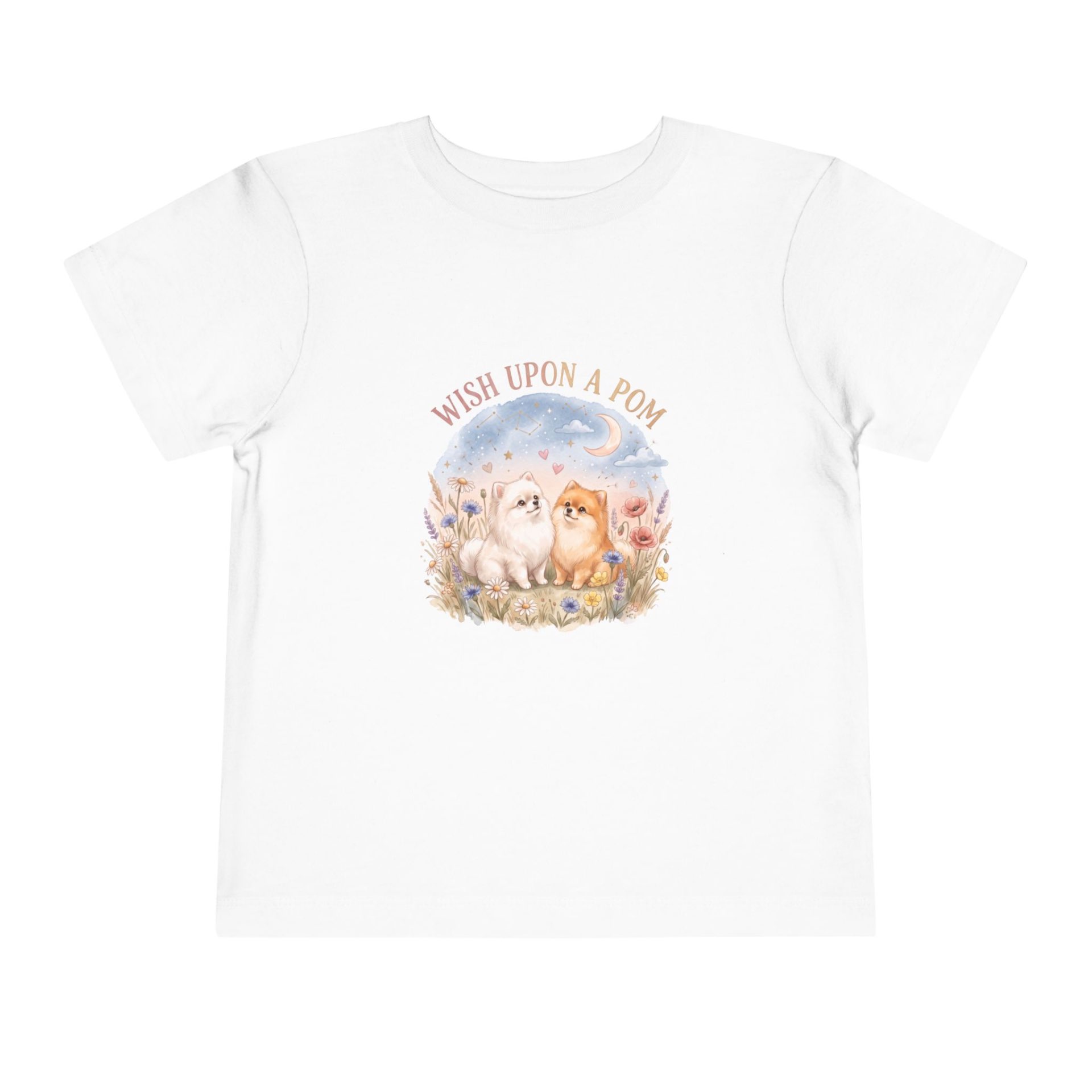 Wish Upon A Pom toddler T-shirt flat lay on white background