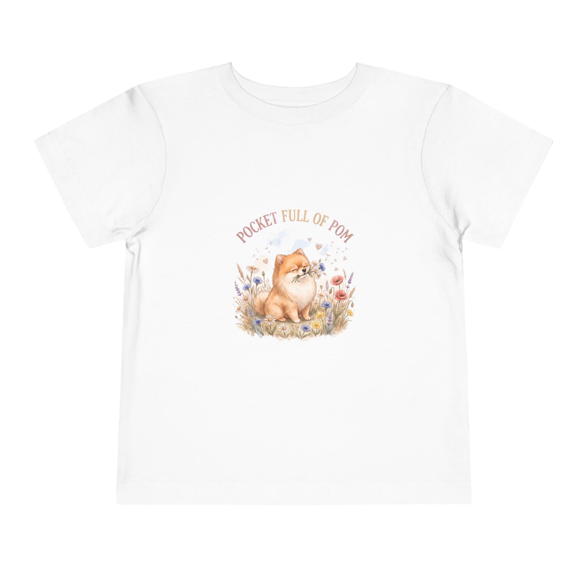 Pocket Full of Pom toddler T-shirt flat lay on white background