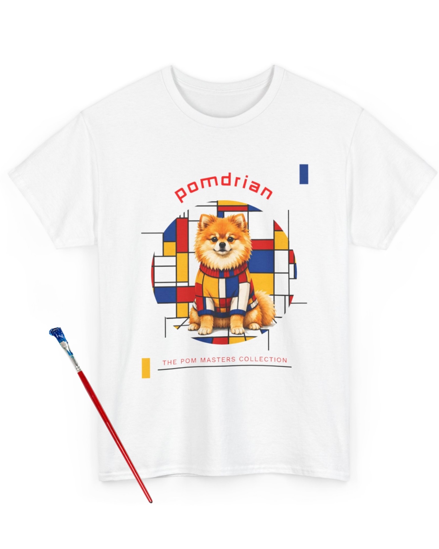 Pomdrian T-shirt flat lay featuring a white tee with Mondrian-style Pomeranian artwork