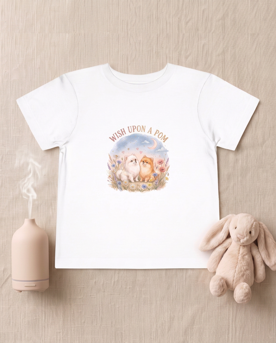 Wish Upon A Pom kids' tee flat lay with two Pomeranians under a crescent moon