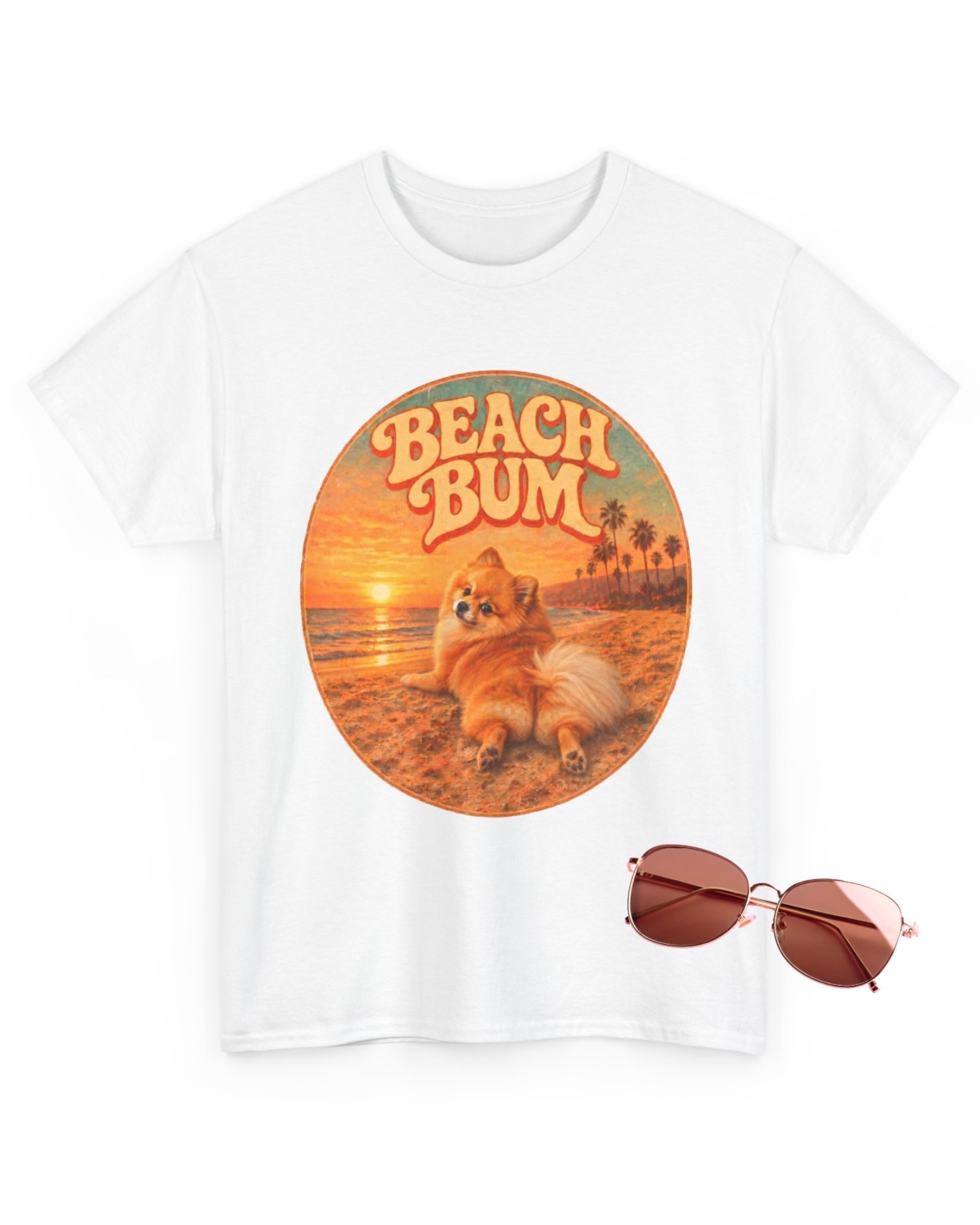 Beach Bum white T-shirt with retro sunset Pomeranian artwork